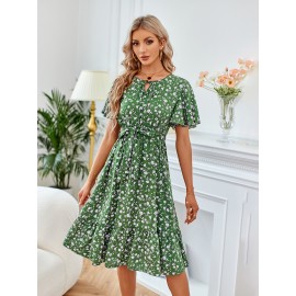 Printed Bow Round Neck Waist Women's Dresses