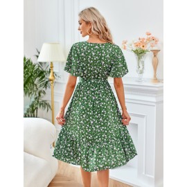 Printed Bow Round Neck Waist Women's Dresses