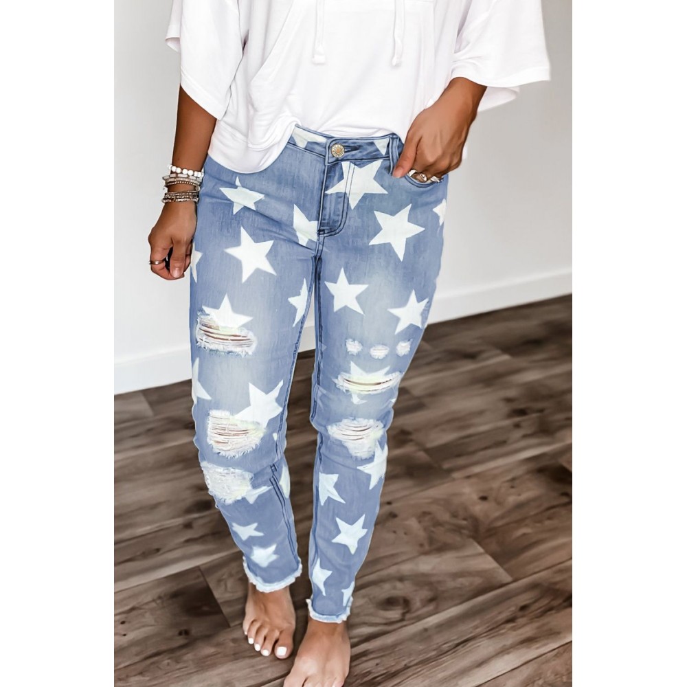 Ripped Star Print Mid Waist Jeans