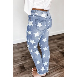 Ripped Star Print Mid Waist Jeans