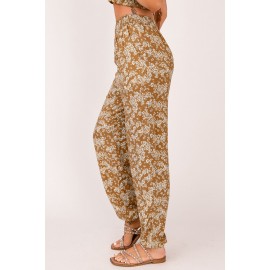 Orange Boho Floral Print Elastic Waist Jogger Pants