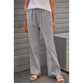 Gray Drawstring Elastic Waist Pockets Long Straight Legs Pants