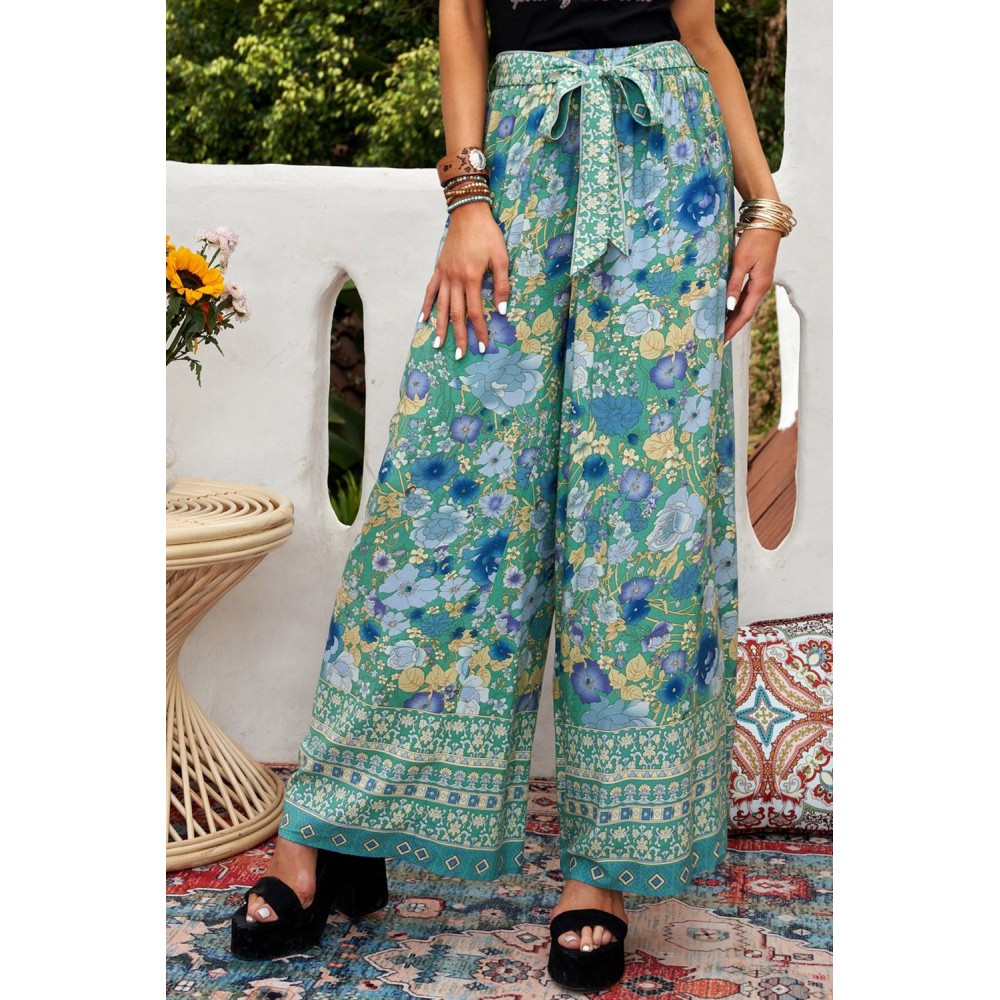 Green Floral Print Wide Leg Boho Pants