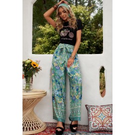 Green Floral Print Wide Leg Boho Pants