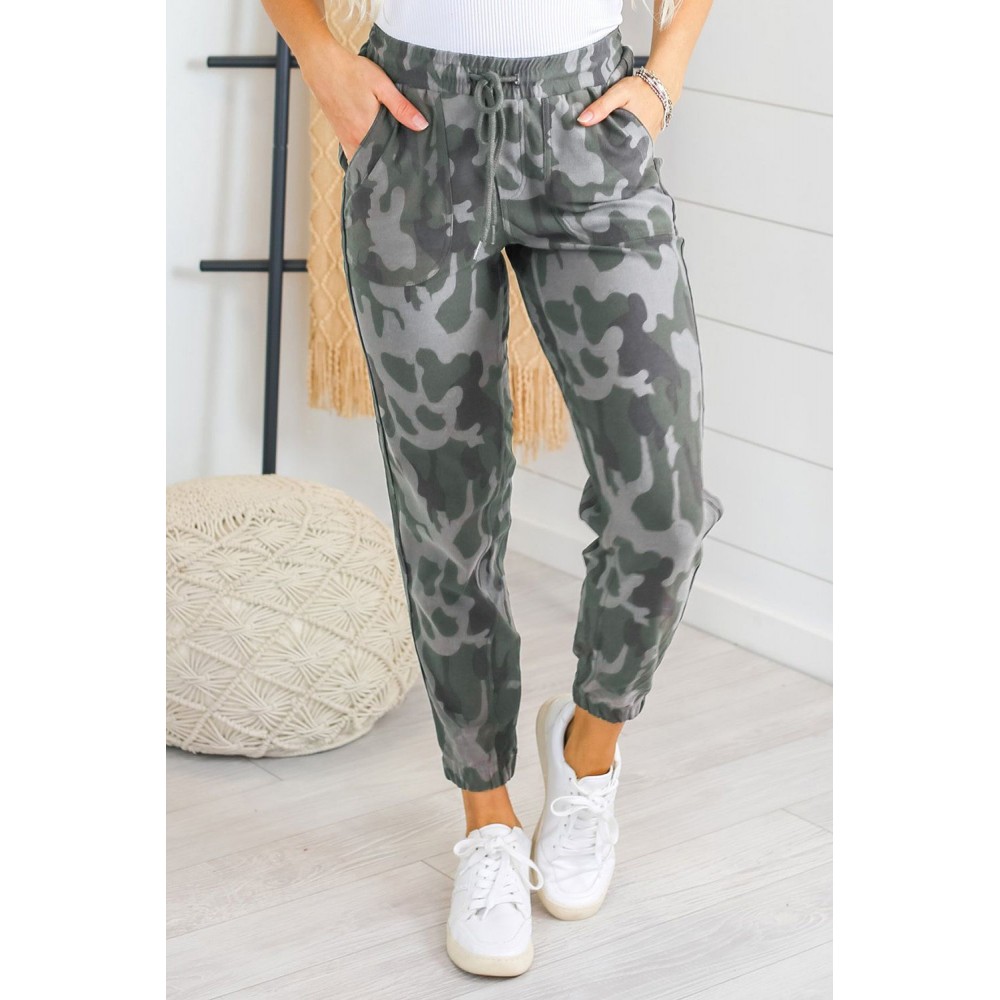 Camo Print Pocketed Drawstring High Waist Joggers