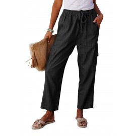 Black Driven Linen Blend Pocketed Cargo Pants