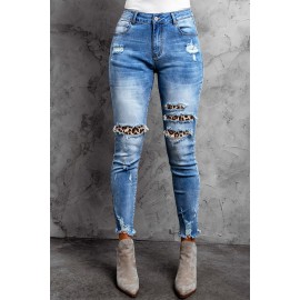 Leopard Patchwork Distressed Skinny Ankle High Waist Pants