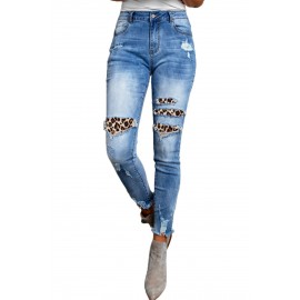 Leopard Patchwork Distressed Skinny Ankle High Waist Pants