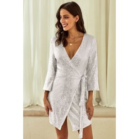 Silver Sequin Wrap Dress with Sash