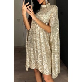 Apricot Glitter Mock Neck Cape Design Sequins Dress