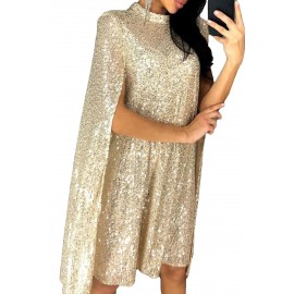 Apricot Glitter Mock Neck Cape Design Sequins Dress