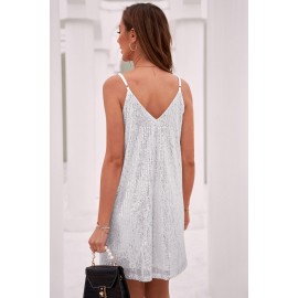 White Sequins Spaghetti Straps Mini Dress