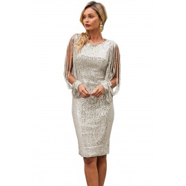 Silver Sequin Tassel Sleeve Bodycon Prom Dress