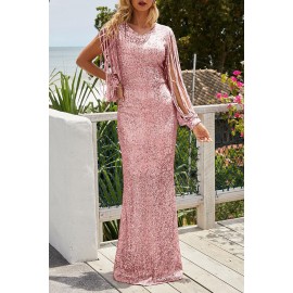 Pink Sequin Fringe Sleeve Prom Maxi Dress