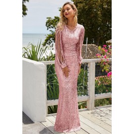 Pink Sequin Fringe Sleeve Prom Maxi Dress