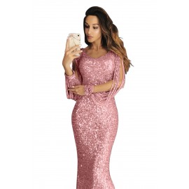 Pink Sequin Fringe Sleeve Prom Maxi Dress