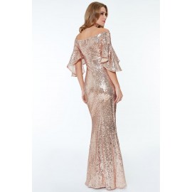 Apricot Off The Shoulder Sequined Maxi Dress