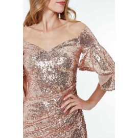 Apricot Off The Shoulder Sequined Maxi Dress