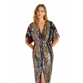 Multicolor Sequin Deep V Neck Tunic Dress