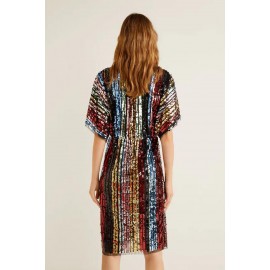 Multicolor Sequin Deep V Neck Tunic Dress