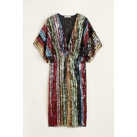 Multicolor Sequin Deep V Neck Tunic Dress