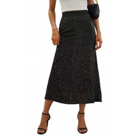 Black Sequin High Waist Bodycon Mid Skirt