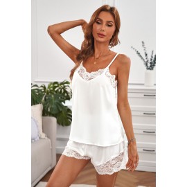 White Lace Trim Tank Top and Shorts Pajamas Set