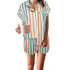 Multicolor Striped Turn-down Collared Pajamas Set