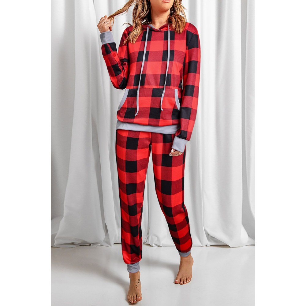 Red Plaid Pocket Drawstring Christmas Hooded Lounge Sets