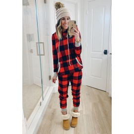 Red Plaid Pocket Drawstring Christmas Hooded Lounge Sets