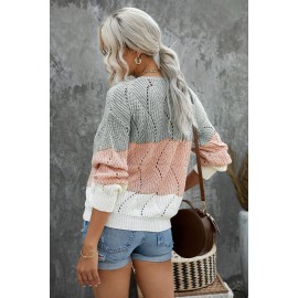 Pink Color Block Knitted Cut Out Pullover Sweater