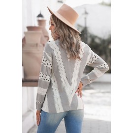 Gray Animal Print Accent V Neck Sweater