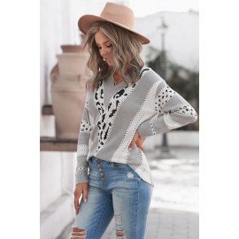 Gray Animal Print Accent V Neck Sweater