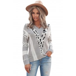 Gray Animal Print Accent V Neck Sweater