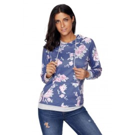 Navy Pink Floral Drawstring Hoodie