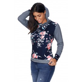 Dark Blue Pinstripe Accent Floral Print Drawstring Hoodie