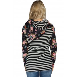 Floral Splice Black Striped Drawstring Hoodie