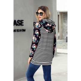 Floral Splice Black Striped Drawstring Hoodie