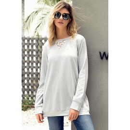 Lace Cutout Insert Light Grey Pullover Sweatshirt