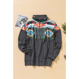 Aztec Print Atop Charcoal Pullover Sweatshirt